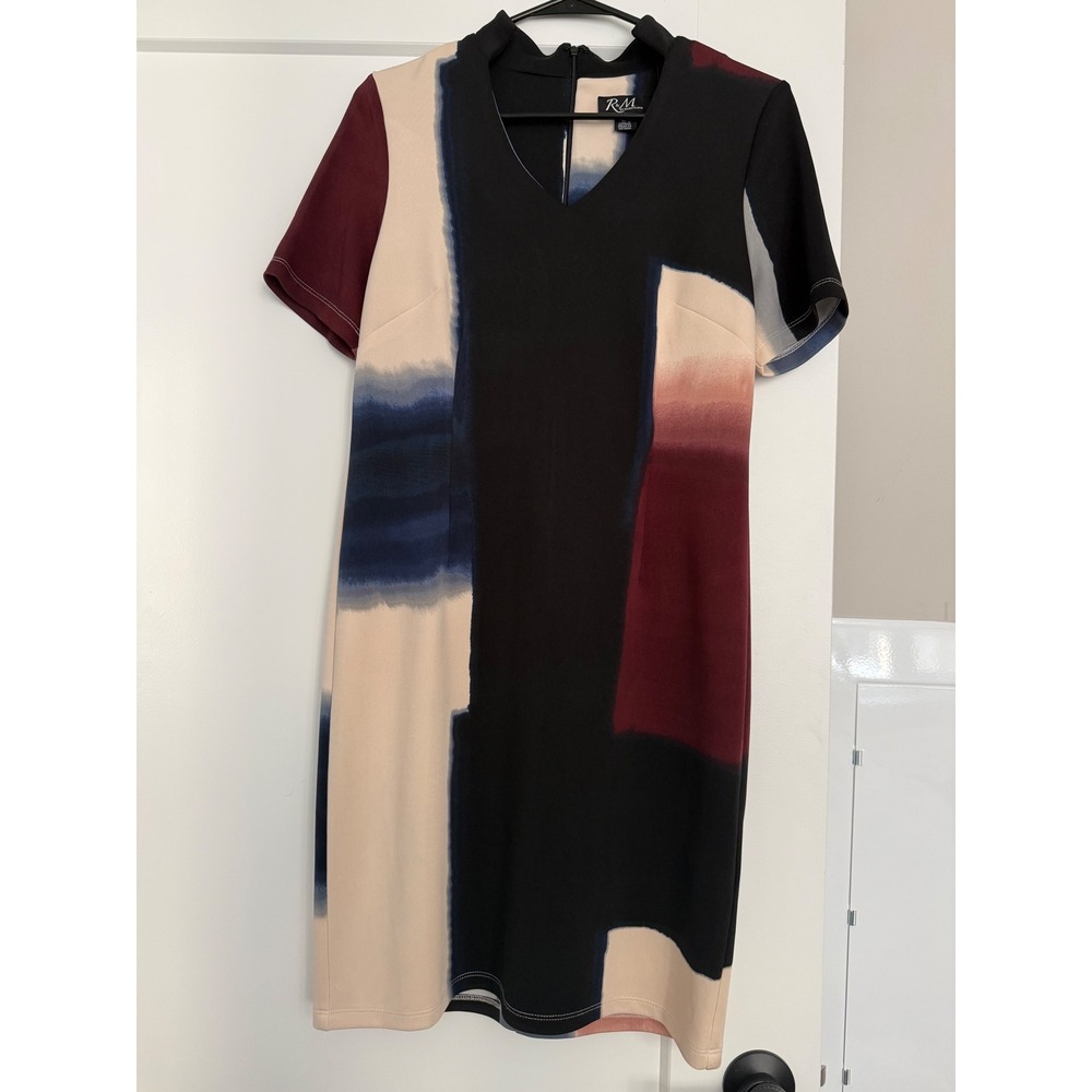 RM Richards Women Abstract Colorblock Sheath Dress Short Sleeve V-Neck Multi-Col